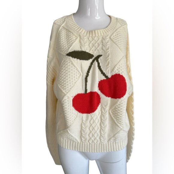 Sweaters - Originality Cozy Cream Cherry Knit Sweater